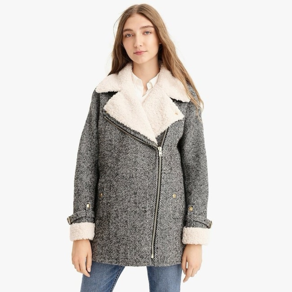 J Crew Oversized Herringbone Moto Coat EUC Sz S